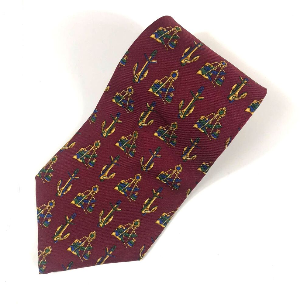Tommy Hilfiger Silk Tie Maroon Nautical Crest Anchor Compass Print Made in USA